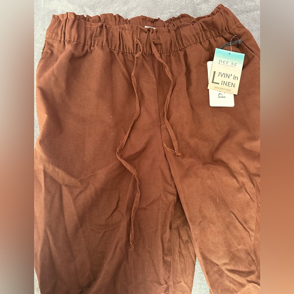 Per Se Linen-Blend Drawstring Pants in Warm Rust